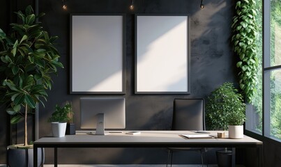 Stylish modern office features a minimalist desk, computer, black chair, and two blank frames, surrounded by lush greenery.