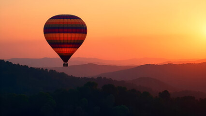 A large striped balloon flies over the forest against the background of the sunset. The concept of calm and tranquility. Dawn from a bird's eye view