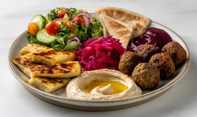 complete Middle Eastern falafel plate, the entire round ceramic plate fully visible and centered, showcasing stacked crispy golden falafel balls, creamy hummus with olive oil and paprika swirls, smoky