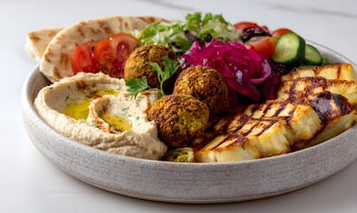 complete Middle Eastern falafel plate, the entire round ceramic plate fully visible and centered, showcasing stacked crispy golden falafel balls, creamy hummus with olive oil and paprika swirls, smoky