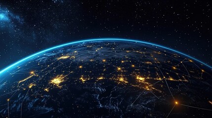 Digital artwork depicting Earth with glowing city connections, symbolizing global connectivity and data transfer across urban areas. Dark space background with stars highlights Earth at center