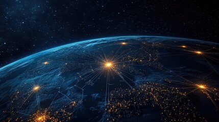 Digital artwork depicting Earth with glowing city connections, symbolizing global connectivity and data transfer across urban areas. Dark space background with stars highlights Earth at center