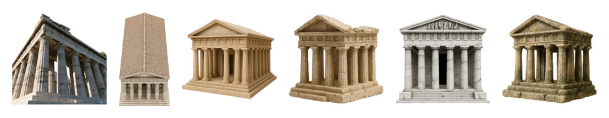 Fototapeta premium Classical temple set including various architectural styles, pristine and ruined, isolated. Ancient historical building elements.