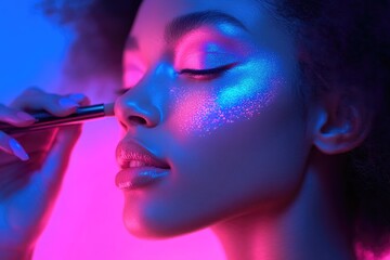 A woman's face is illuminated by vibrant pink and blue neon lights, adorned with shimmering glitter makeup.