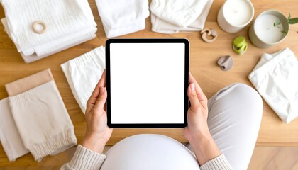 Pregnant person holding a blank tablet surrounded by baby essentials and nursery items on a wooden table, top-down view, for online shopping or planning.