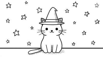 Cute cartoon cat wearing a witch hat against a background of stars