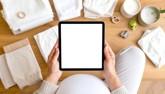 Pregnant person holding a blank tablet surrounded by baby essentials and nursery items on a wooden table, top-down view, for online shopping or planning.