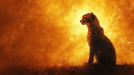Majestic cheetah silhouetted against a vibrant orange sunset.