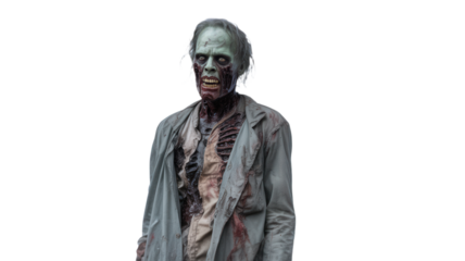 Creepy zombie with decaying flesh on Transparent Background for Halloween or horror concepts
