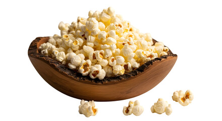 A wooden bowl full of popcorn isolated on transparent background, a popular snack, a treat for movies, a symbol of entertainment and enjoyment