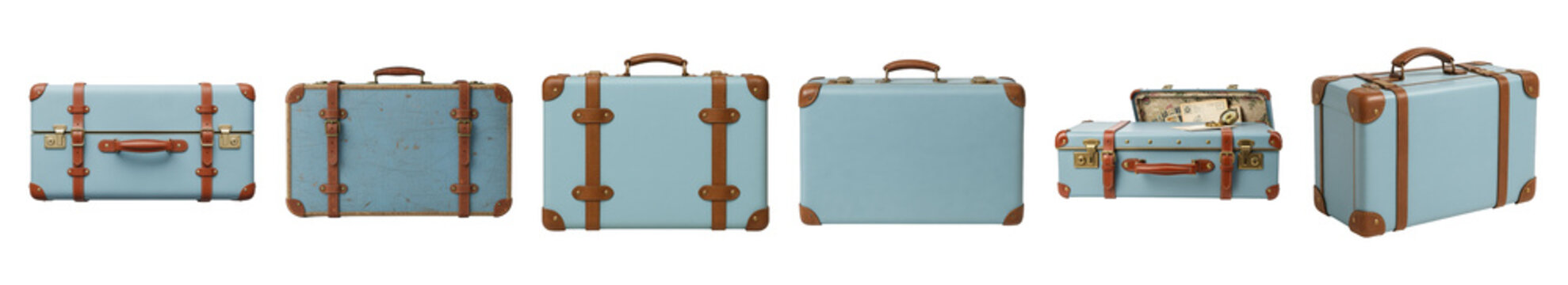 Light blue vintage suitcase set including new, distressed, and open styles isolated. Travel and journey collection.