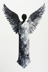 Modern silhouette of angelic figure with large wings and marbled textured robe on white background