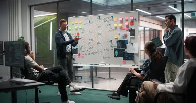 Project Manager Making a Presentation to a Team of Software Developers. Female and Male Specialists Sitting at a Meeting, Team Leader Talks and Points on a Whiteboard with Advanced Charts