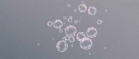 Vector soap bubble PNG, realistic glossy transparent spheres with bright reflections and glare on dark background.