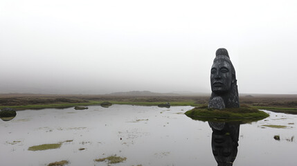 Misty Landscape With Stone Face Sculpture And Reflection On Water