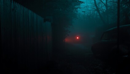 Mysterious red light glows in a dark foggy forest path