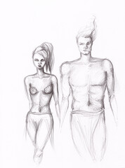 Charcoal woman and man couple portrait, hand drawn beauty and fashion illustration	
