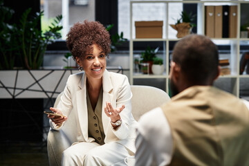 Engaging conversation during a job interview in a contemporary office setting
