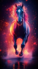 Majestic dark horse running, vibrant mane, fiery background, magical.