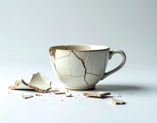 A cracked and broken white ceramic cup with pieces scattered around it, against a plain background.