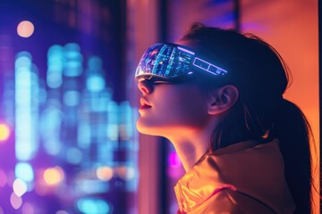 Woman wearing futuristic AR glasses, gazing at a vibrant city at night.  Exploring the metaverse.