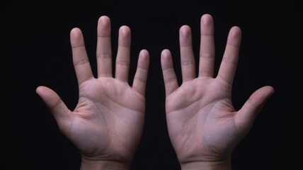 Open hands reach out with fingers spread on dark backdrop