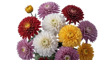 Colorful chrysanthemum flowers vibrant floral arrangement on Transparent Background perfect for spri