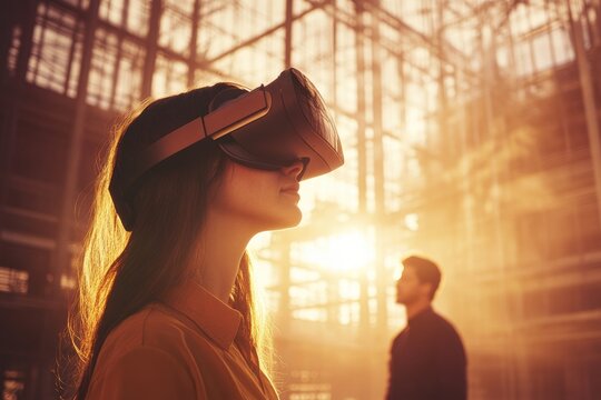 A woman wearing a VR headset experiences immersive technology in a construction setting, possibly for architectural visualization or training.
