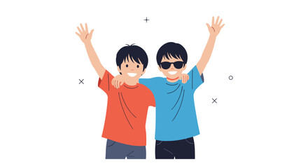 Two happy young boys with arms raised in celebration and friendship standing together in a cheerful pose