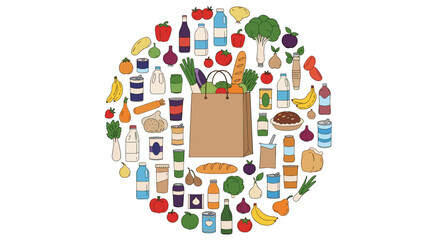 A variety of healthy food items arranged in a circular pattern around a paper shopping bag filled with groceries