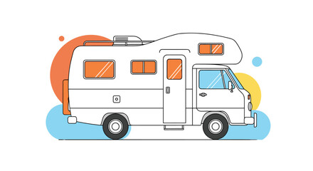 Illustrative line drawing of a white motorhome with colorful circular accents ideal for travel and adventure themes