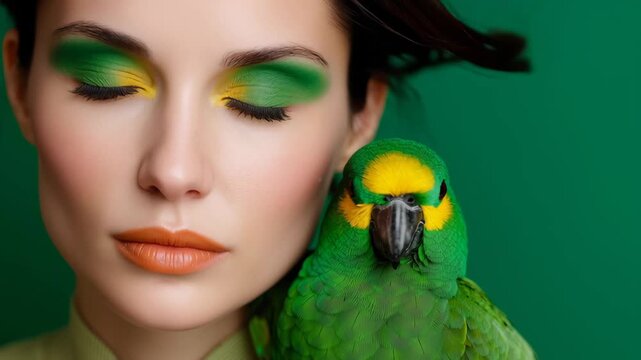 Woman is holding a green parrot. The woman is wearing green makeup and has a green bird on her shoulder