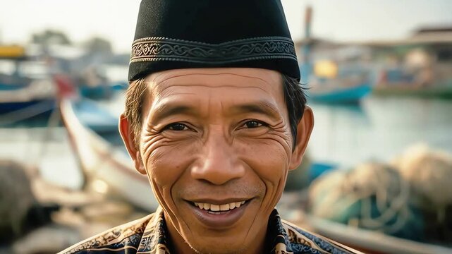 Authentic Joy Smiling Fisherman in Traditional Peci Batik Coastal Village Portrait with Boats Golden Light.