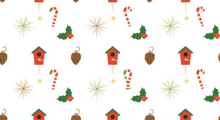Festive holiday pattern featuring winter birds pinecones candy canes holly and sparkling stars for christmas celebrations