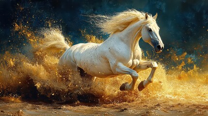 Majestic white horse galloping through golden water, mane and tail flowing.