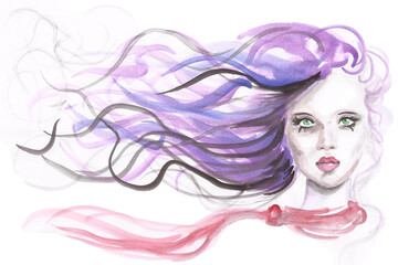 Watercolor woman portrait, hand drawn beauty and fashion illustration
