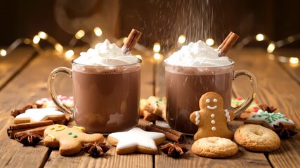 Hot cocoa mugs topped with whipped cream and cinnamon sticks rest wooden table, surrounded by Christmas cookies, gingerbread, and festive lights, creating cozy holiday atmosphere perfect for winter
