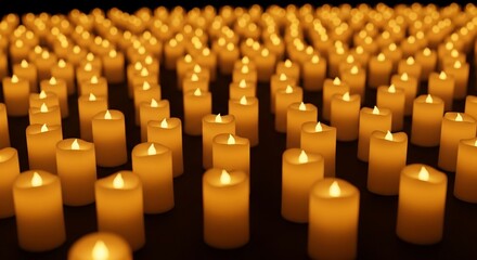 Obraz premium Many candles burning in the dark warm yellow light soft texture close up view peaceful atmosphere