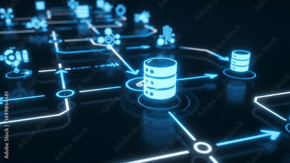 Aufkleber workflow automation chart looping with glowing arrow and data icon futuristic digital interface blue