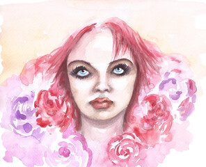 Watercolor woman portrait, hand drawn beauty and fashion illustration