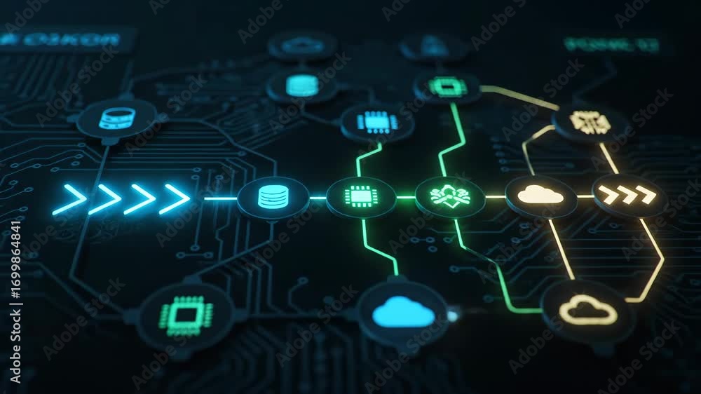 Aufkleber workflow automation chart looping with glowing arrow and data icon, digital circuit board background