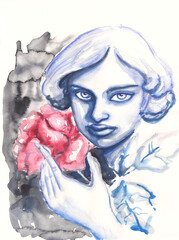 Watercolor woman portrait, hand drawn beauty and fashion illustration