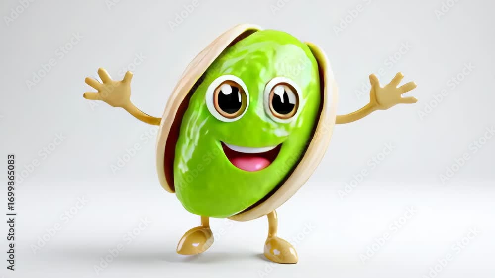 Poster cartoon character made to look like a green nut. the character is smiling and waving. the idea behin