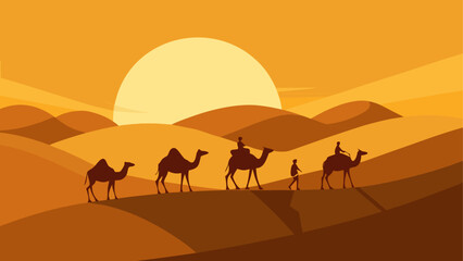 Camels walking through the desert dunes © Rana Islam