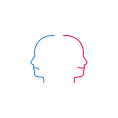 Negative and positive emotions concept, two linear face silhouettes, blue and red colors simple vector illustration