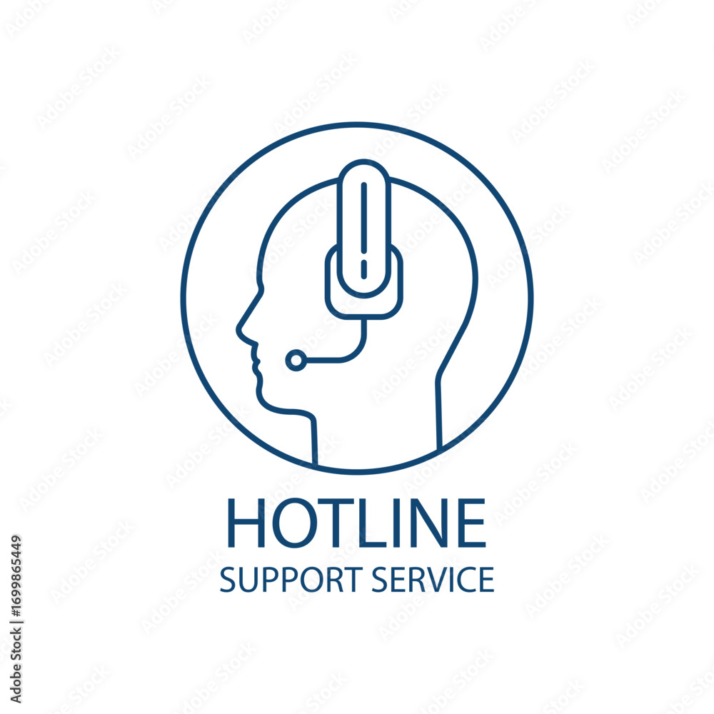 Poster hotline or support service with thin line head. linear stroke logotype graphic lineart design isolat