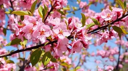 close up of a blooming apple tree on a sunny spring day beautiful background with pink flowers of a spring tree a branch
