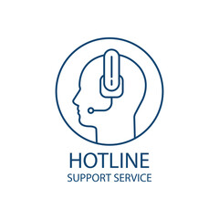 hotline or support service with thin line head. linear stroke logotype graphic lineart design isolated on white. concept of business counselor or virtual assistant or technical receptionist with mic