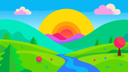 Obraz premium Cartoon landscape with river and setting sun