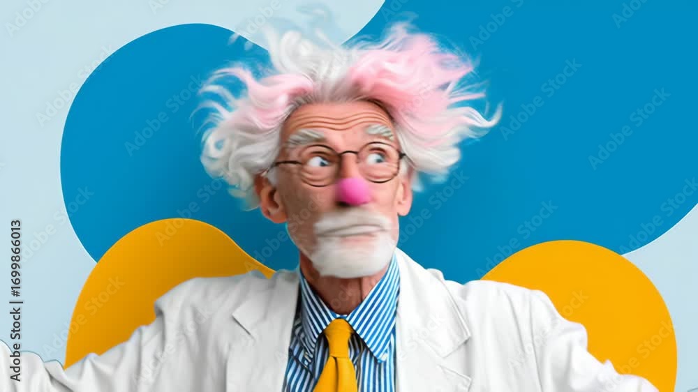Poster man with a white lab coat and glasses is wearing a pink nose plug. he is looking at the camera with 